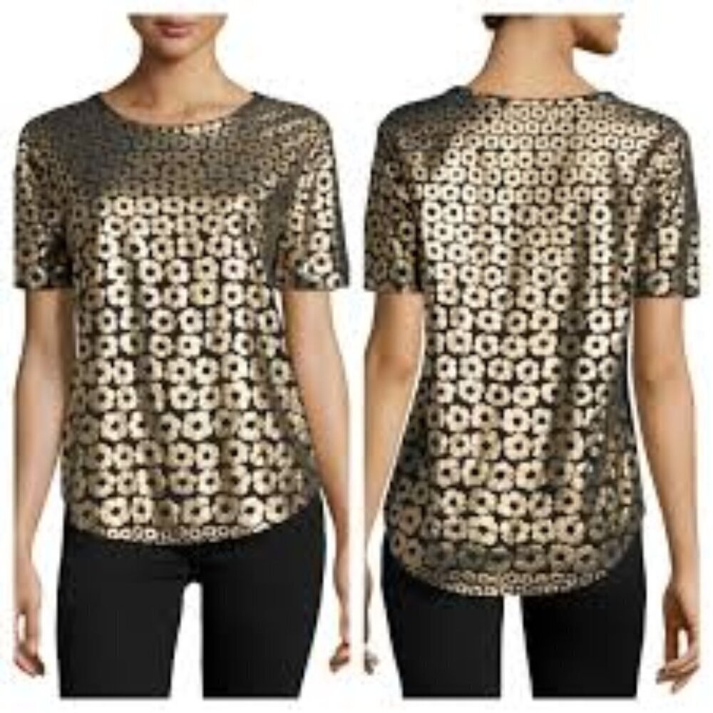 Equipment Metallic Gold Floral Sequin Short Sleeve Blouse